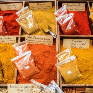 Vibrant spices displayed at a local market in Nice, France, showcasing diverse colors and flavors.